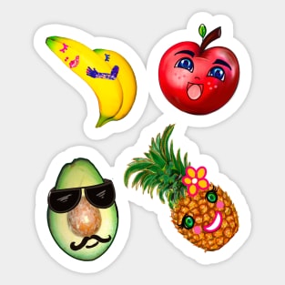 Happy little fruits, apple, banana, pineapple, avocado Sticker